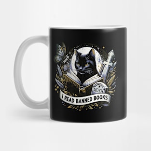 Black Cat reading a bunned books, pop grunge style, cemetery, gothic atmosphere, cats and books lovers Mug